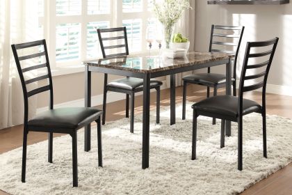 Small Space Dining 5pc Set Faux Marble Table and 4x Side Chairs Black Finish Metal Frame Casual Dining Furniture