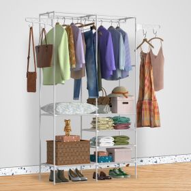 Metal Garment Rack Shoe Clothing Organizer Shelves Freestanding Multifunctional Clothes Wardrobe (Color: White)